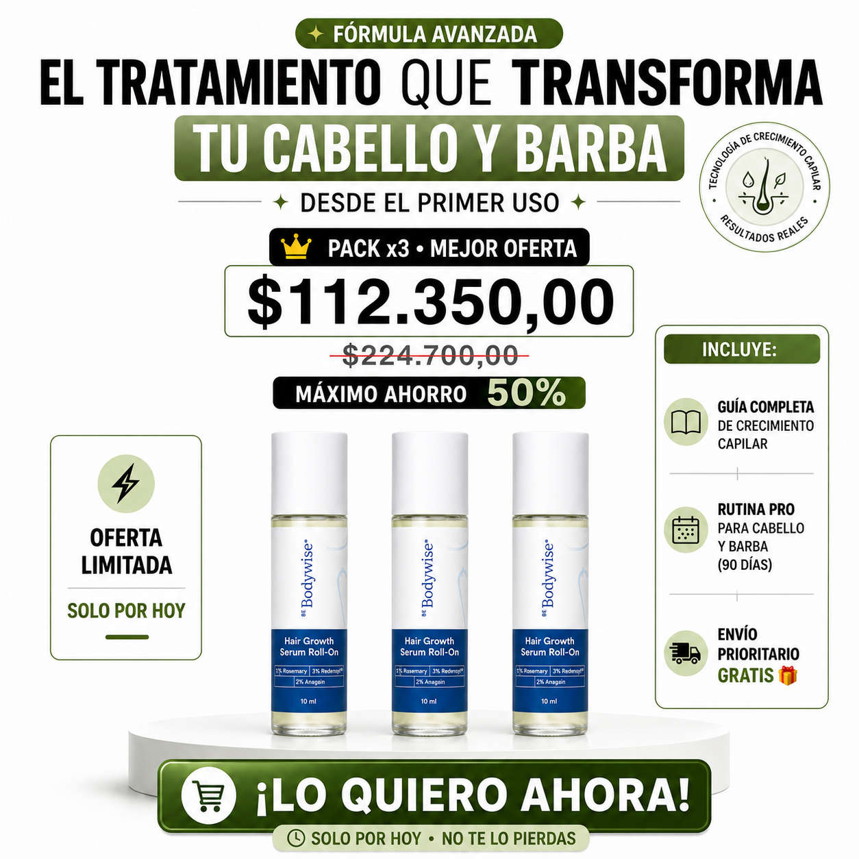 BODYWISE SERUM CAPILAR DE CRECIMIENTO | recupera tu cabello y barba antes de que la caída avance